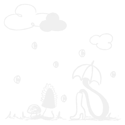 Ein stilisiertes Kind sitzt unter einem Regenschirm im Regen, umgeben von Wolken und Regentropfen, während es sich in einer gemütlichen, geschützten Umgebung aufhält.