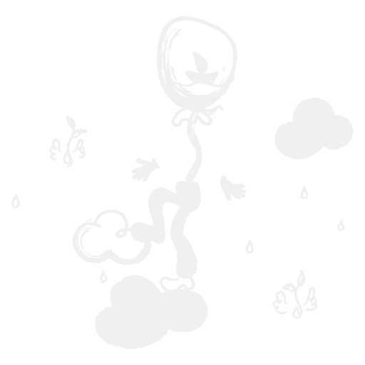 Ein stilisiertes Strichmännchen schwebt zwischen Wolken und hält einen Ballon, umgeben von Regentropfen und Vögeln in einem minimalistischen Illustrationsstil.