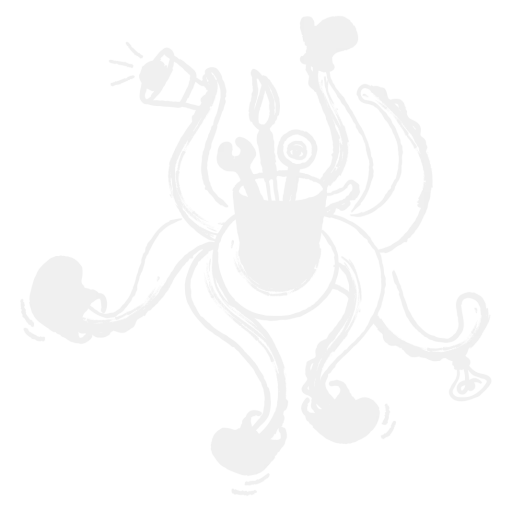 Ein stilisiertes Oktopus-Illustration in Grautönen mit mehreren Tentakeln, die verschiedene Aktivitäten wie Schreiben, Präsentieren und Jonglieren darstellen, symbolisiert Multitasking und Verantwortung.
